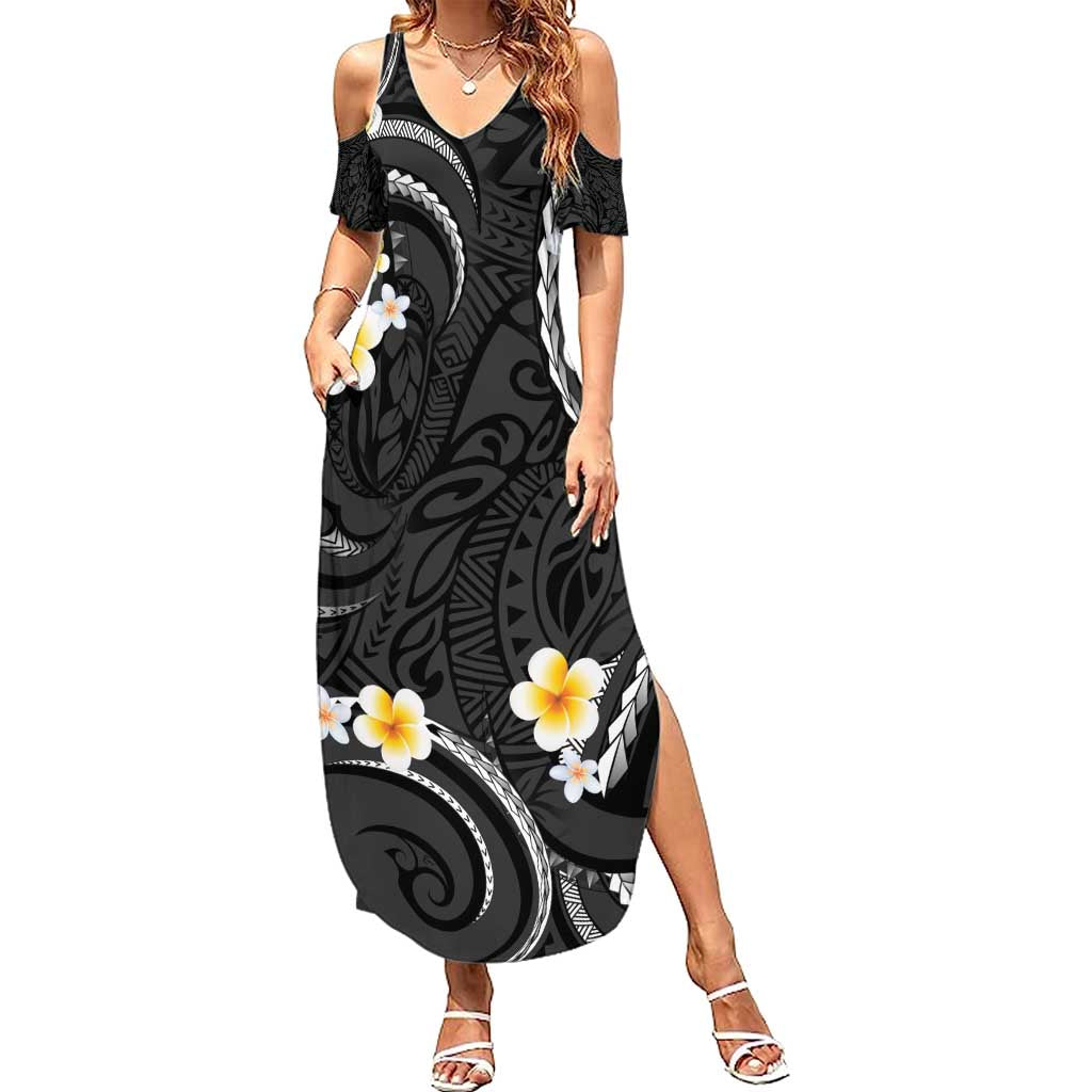 Black And Gray Family Matching Summer Maxi Dress and Hawaiian Shirt Curves Polynesian Tattoo Mix Plumeria Flowers LT14 Mom's Dress Gray - Polynesian Pride