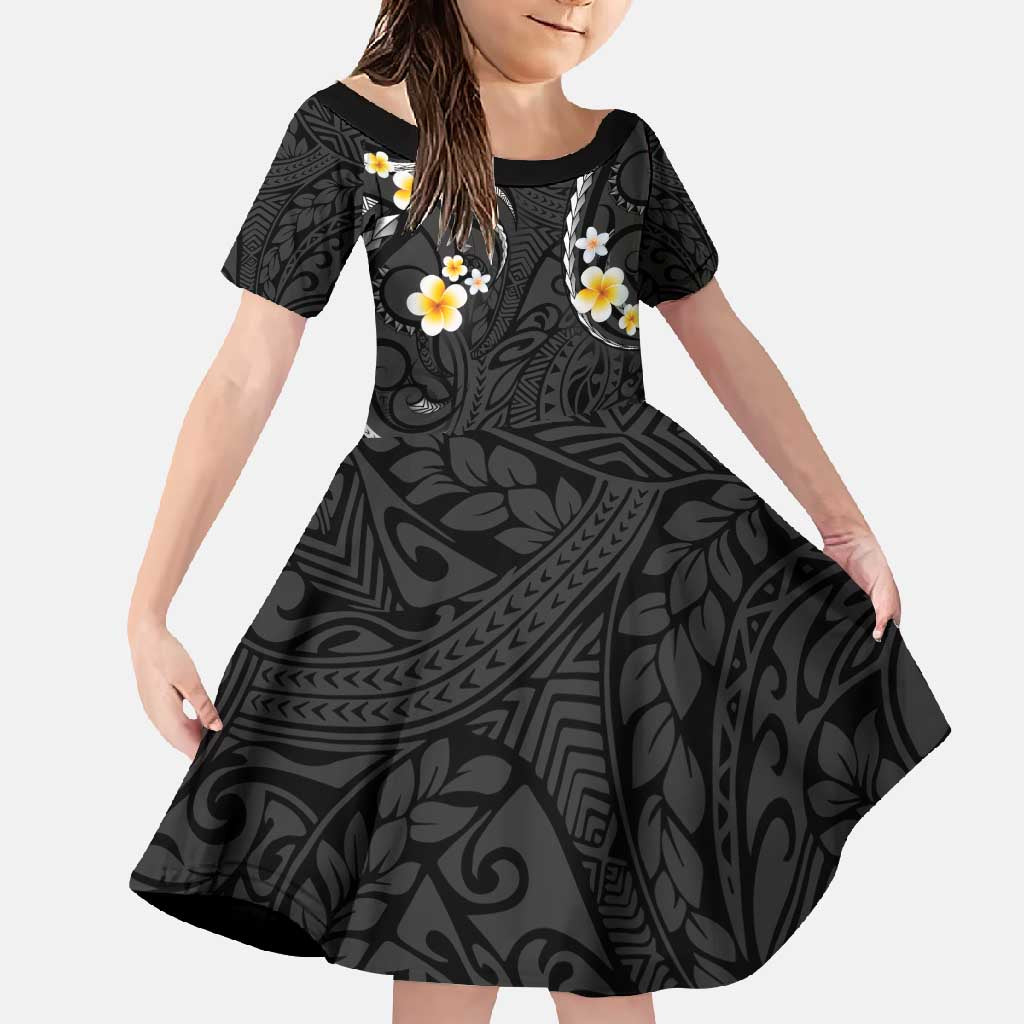 Black And Gray Family Matching Tank Maxi Dress and Hawaiian Shirt Curves Polynesian Tattoo Mix Plumeria Flowers LT14 Daughter's Dress Gray - Polynesian Pride