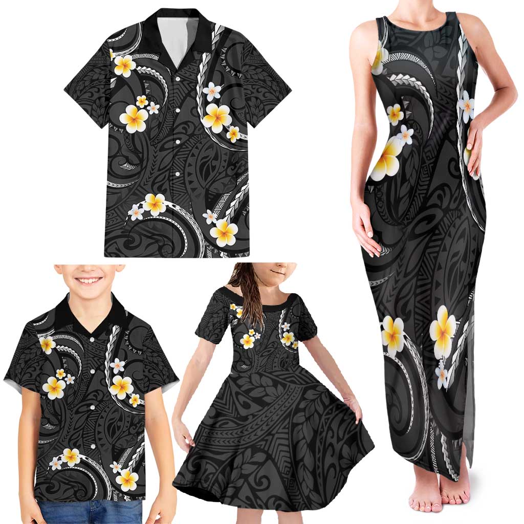 Black And Gray Family Matching Tank Maxi Dress and Hawaiian Shirt Curves Polynesian Tattoo Mix Plumeria Flowers LT14 - Polynesian Pride