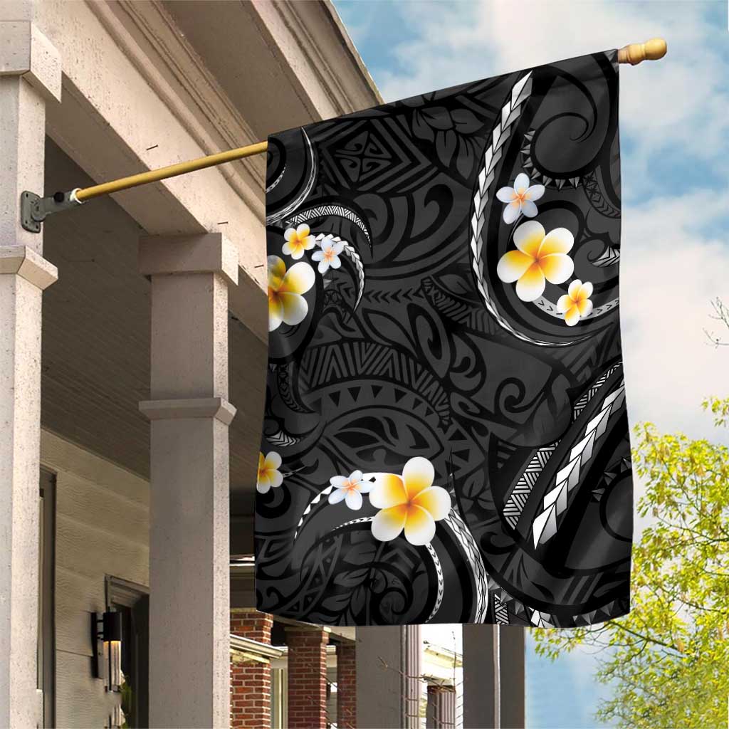 Black And Gray Garden Flag Curves Polynesian Tattoo Mix Plumeria Flowers