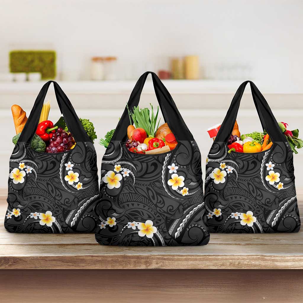 Black And Gray Grocery Bag Curves Polynesian Tattoo Mix Plumeria Flowers