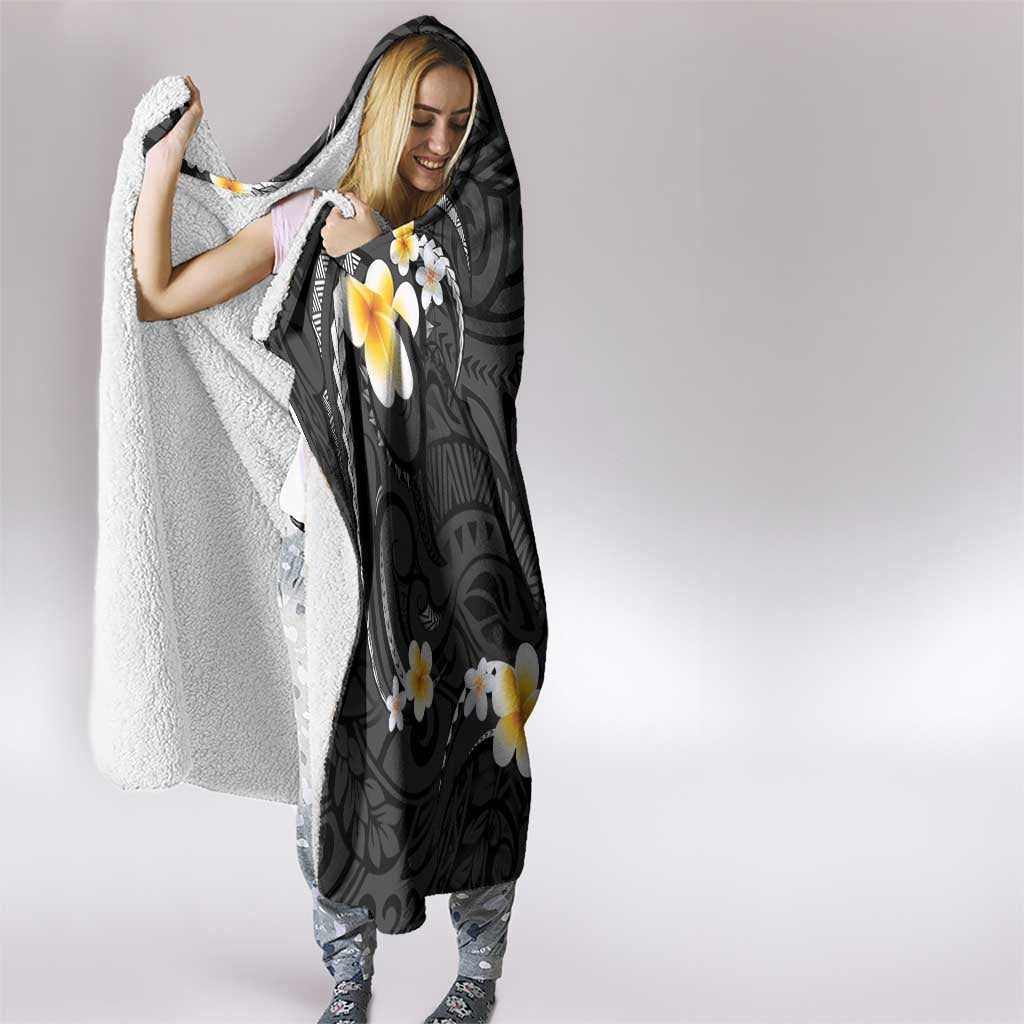 Black And Gray Hooded Blanket Curves Polynesian Tattoo Mix Plumeria Flowers
