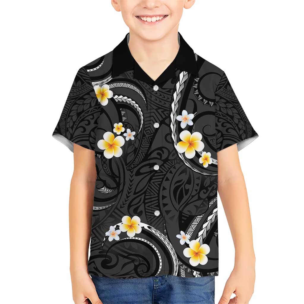 Black And Gray Kid Hawaiian Shirt Curves Polynesian Tattoo Mix Plumeria Flowers LT14 Kid Gray - Polynesian Pride