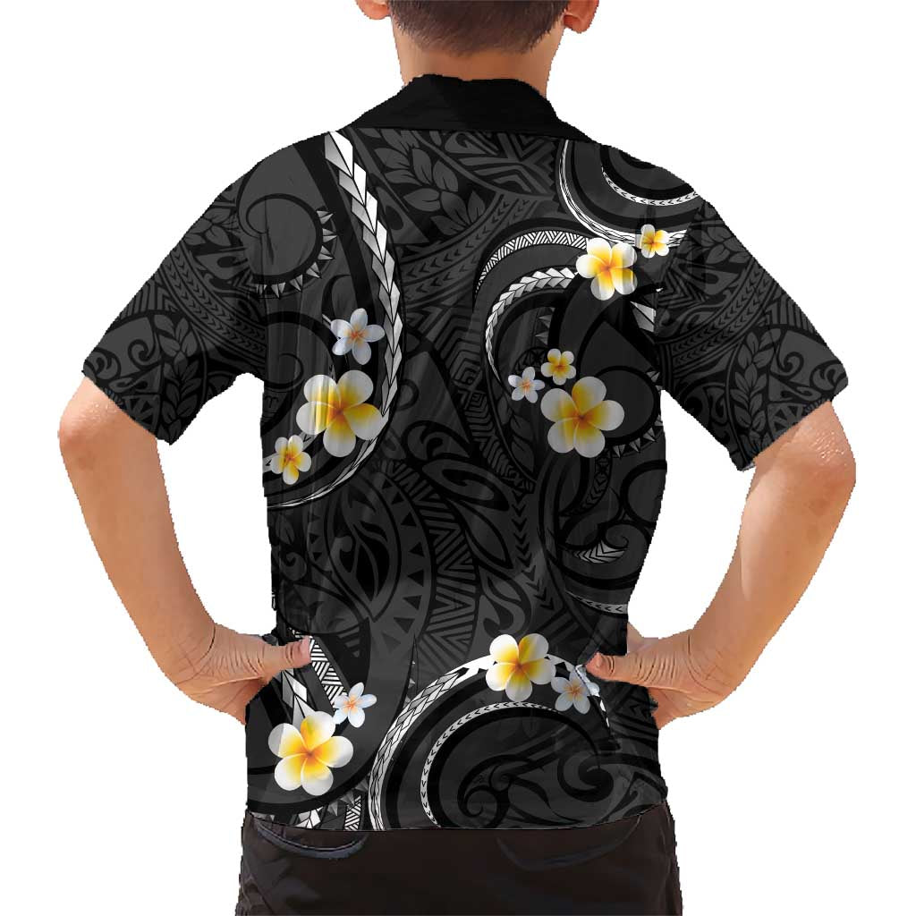 Black And Gray Kid Hawaiian Shirt Curves Polynesian Tattoo Mix Plumeria Flowers LT14 - Polynesian Pride