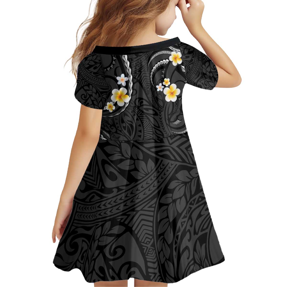Black And Gray Kid Short Sleeve Dress Curves Polynesian Tattoo Mix Plumeria Flowers