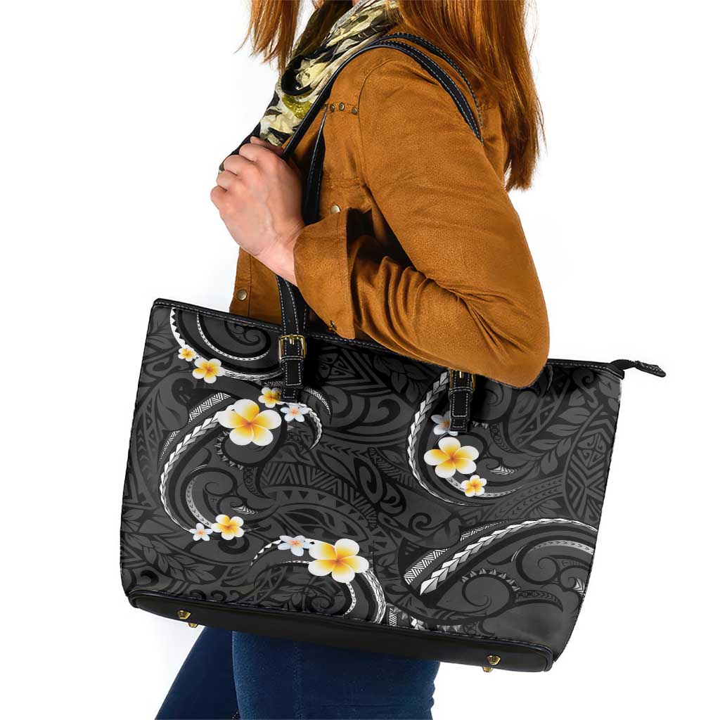 Black And Gray Leather Tote Bag Curves Polynesian Tattoo Mix Plumeria Flowers LT14 Gray - Polynesian Pride