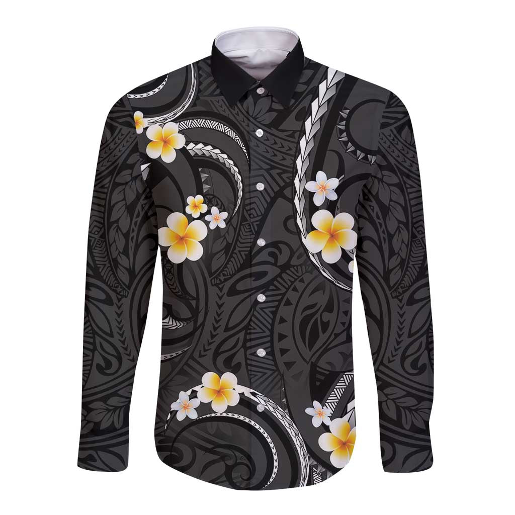 Black And Gray Long Sleeve Button Shirt Curves Polynesian Tattoo Mix Plumeria Flowers LT14 Unisex Gray - Polynesian Pride