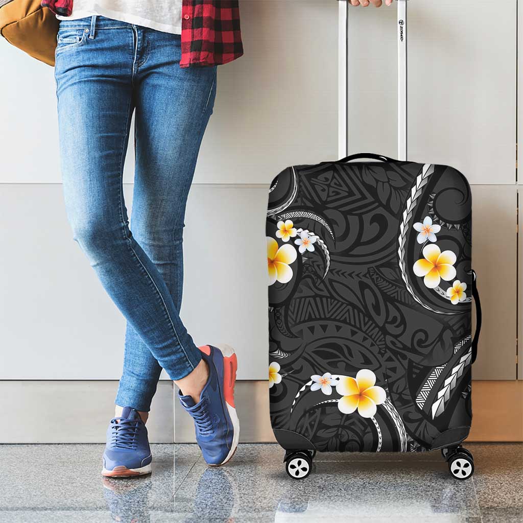Black And Gray Luggage Cover Curves Polynesian Tattoo Mix Plumeria Flowers LT14 - Polynesian Pride