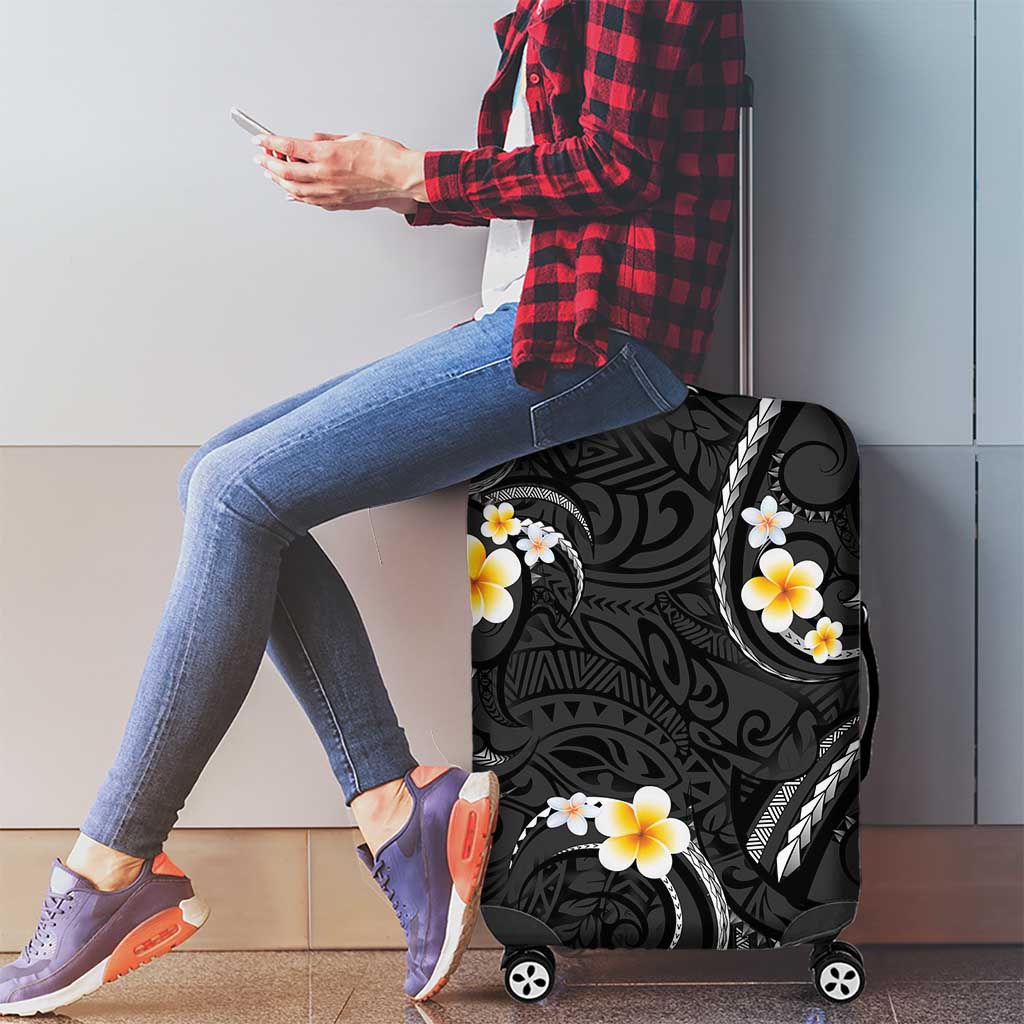 Black And Gray Luggage Cover Curves Polynesian Tattoo Mix Plumeria Flowers LT14 - Polynesian Pride