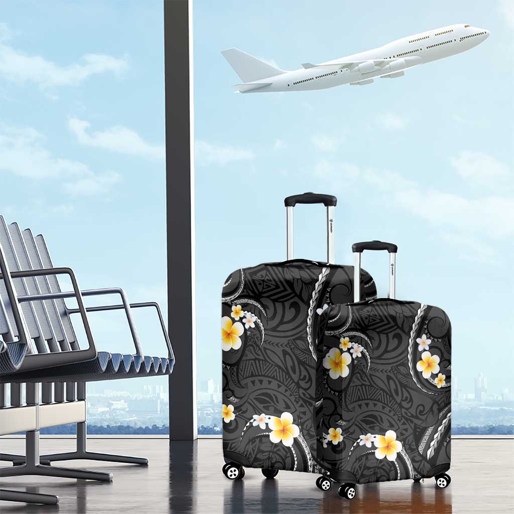 Black And Gray Luggage Cover Curves Polynesian Tattoo Mix Plumeria Flowers LT14 - Polynesian Pride