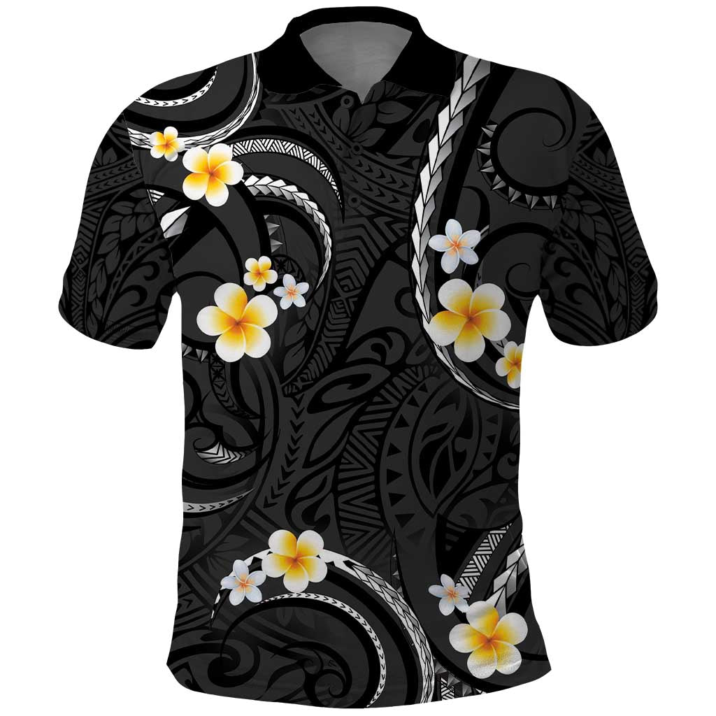 Black And Gray Polo Shirt Curves Polynesian Tattoo Mix Plumeria Flowers