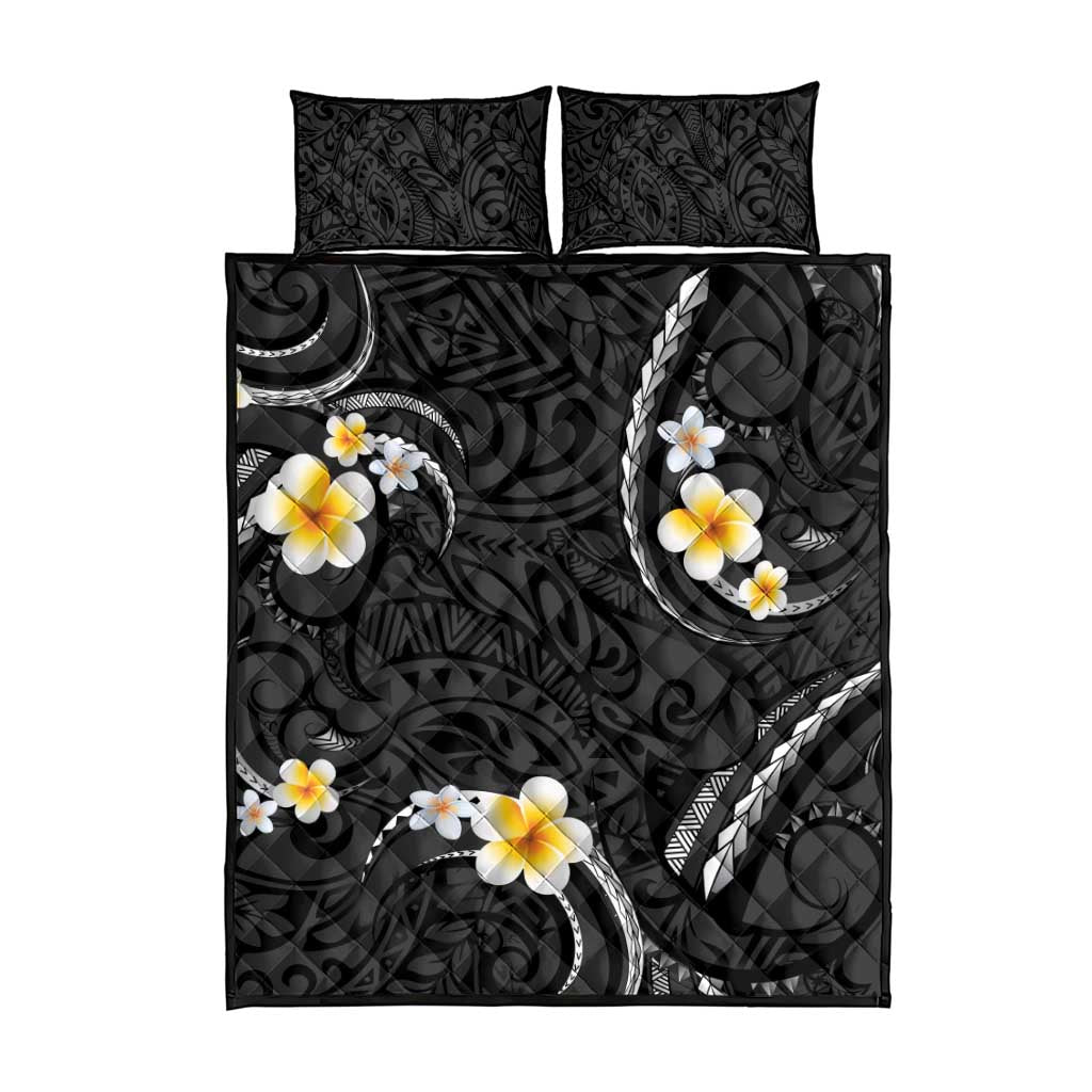 Black And Gray Quilt Bed Set Curves Polynesian Tattoo Mix Plumeria Flowers