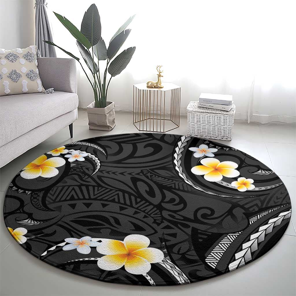Black And Gray Round Carpet Curves Polynesian Tattoo Mix Plumeria Flowers