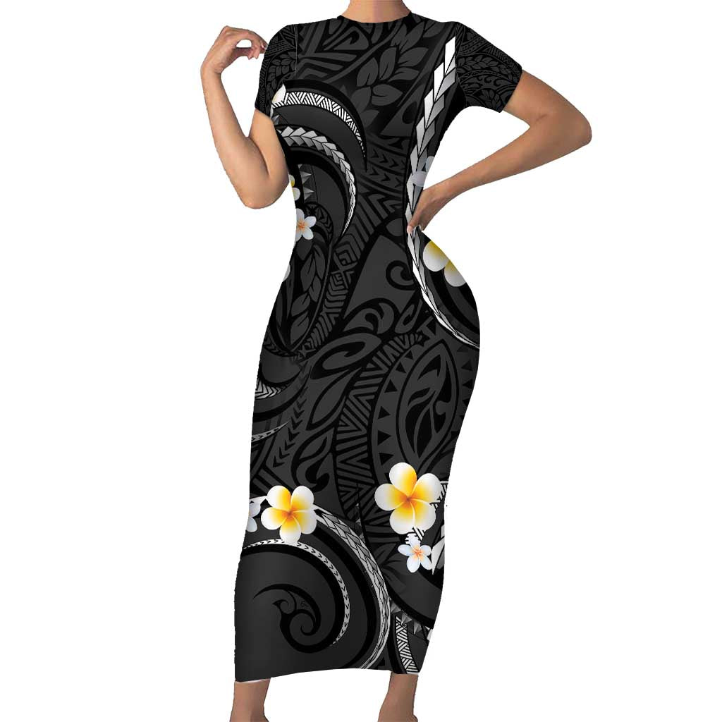 Black And Gray Short Sleeve Bodycon Dress Curves Polynesian Tattoo Mix Plumeria Flowers