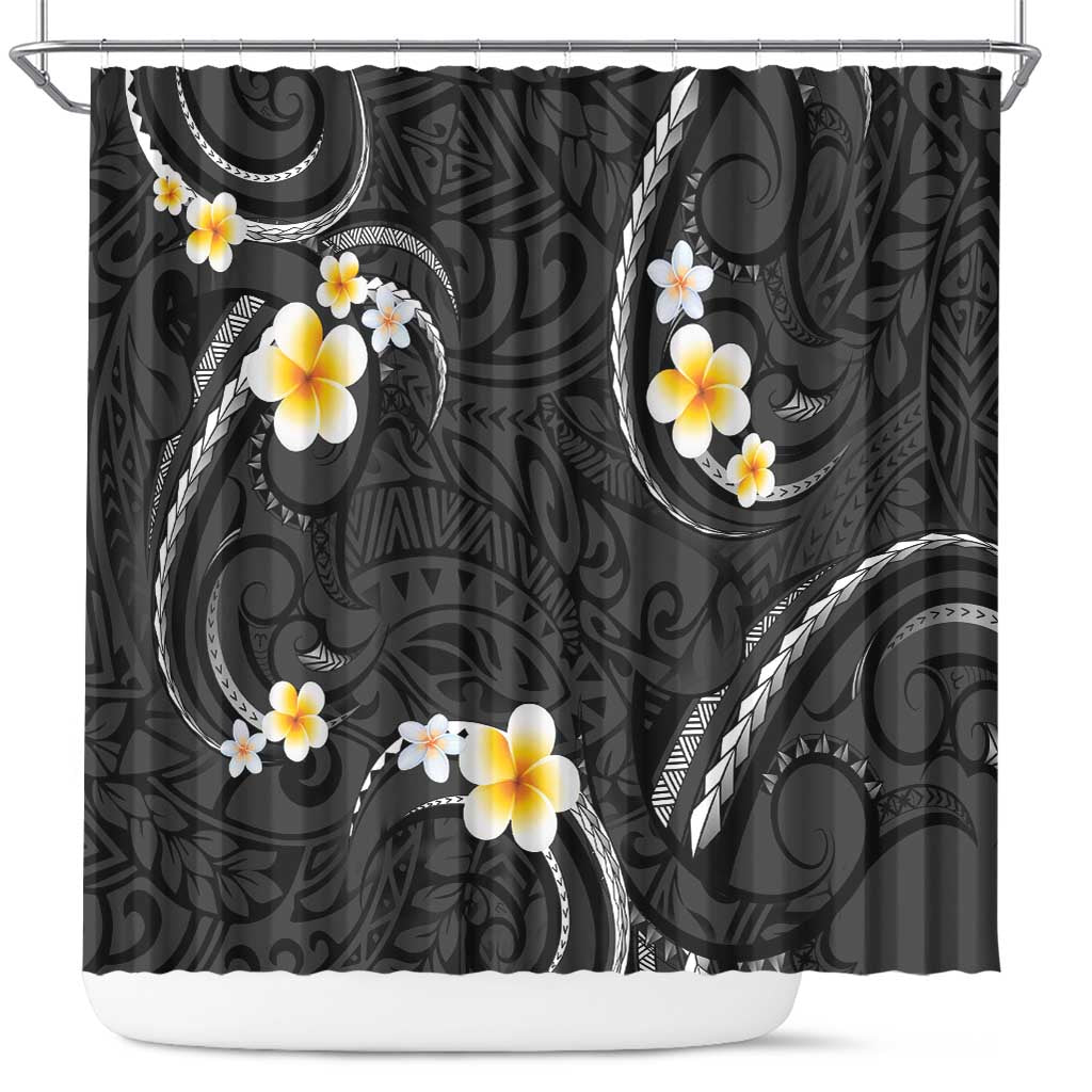 Black And Gray Shower Curtain Curves Polynesian Tattoo Mix Plumeria Flowers