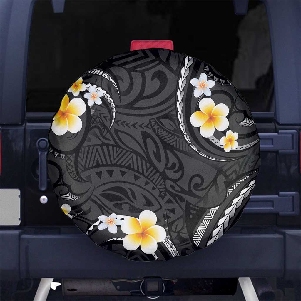 Black And Gray Spare Tire Cover Curves Polynesian Tattoo Mix Plumeria Flowers