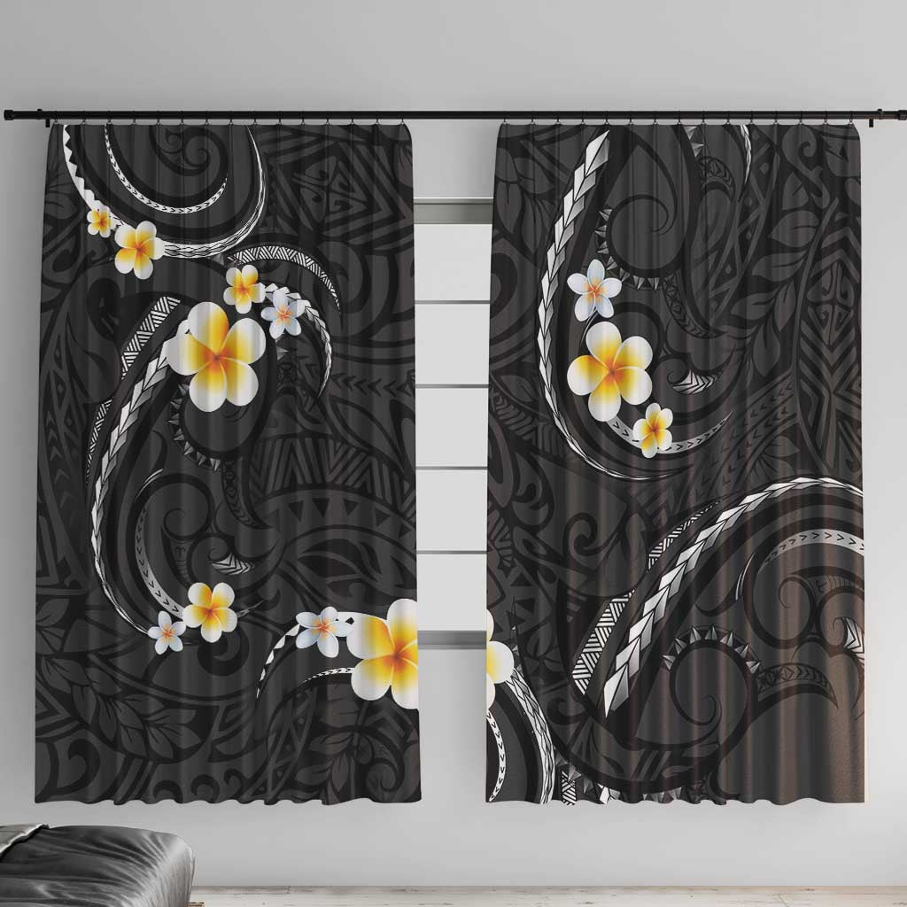 Black And Gray Window Curtain Curves Polynesian Tattoo Mix Plumeria Flowers