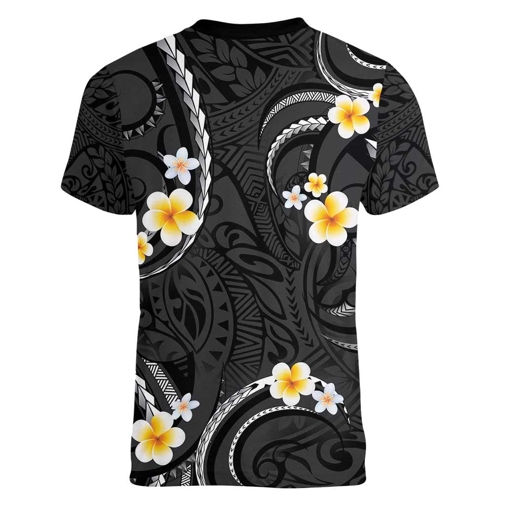 Black And Gray Women V-Neck T-Shirt Curves Polynesian Tattoo Mix Plumeria Flowers LT14 - Polynesian Pride