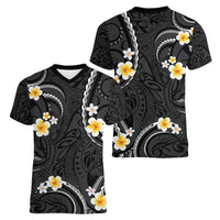 Black And Gray Women V-Neck T-Shirt Curves Polynesian Tattoo Mix Plumeria Flowers LT14 - Polynesian Pride