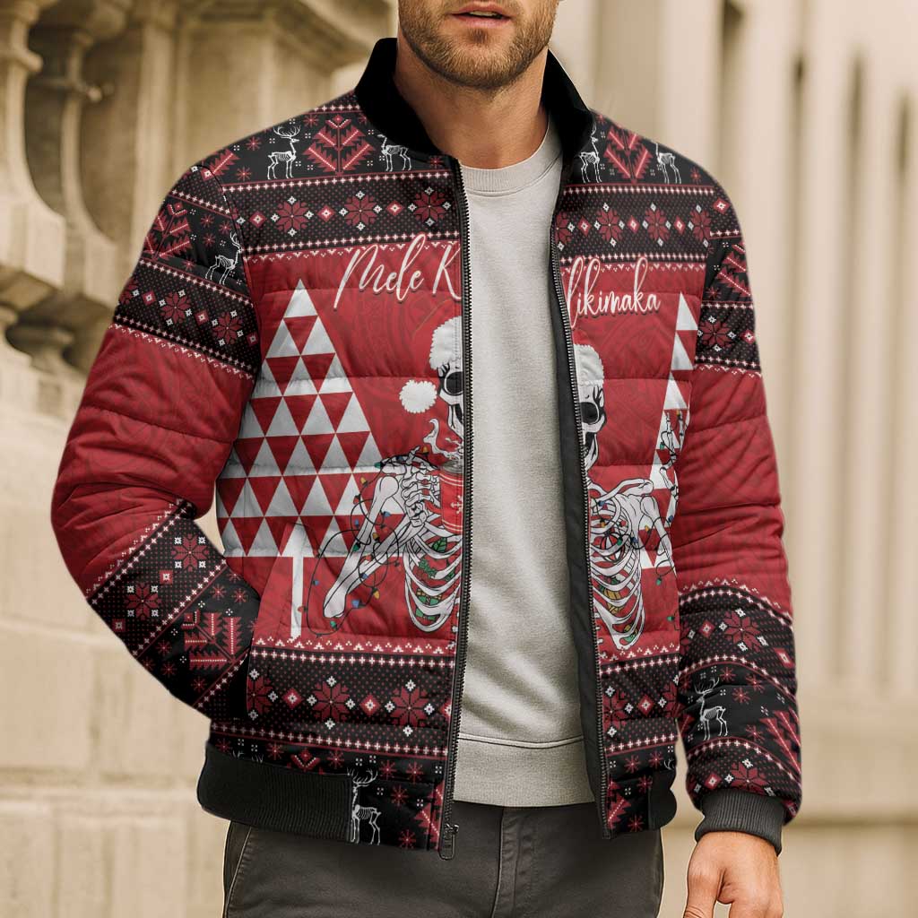 Personalized Hawaii Skull Christmas Bomber Puffer Jacket Mele Kalikimaka Hawaiian Kakau - Polynesian Pride