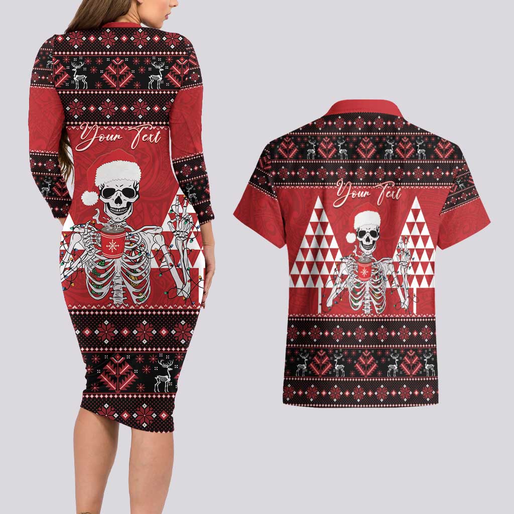 Personalized Hawaii Skull Christmas Couples Matching Long Sleeve Bodycon Dress and Hawaiian Shirt Mele Kalikimaka Hawaiian Kakau - Polynesian Pride