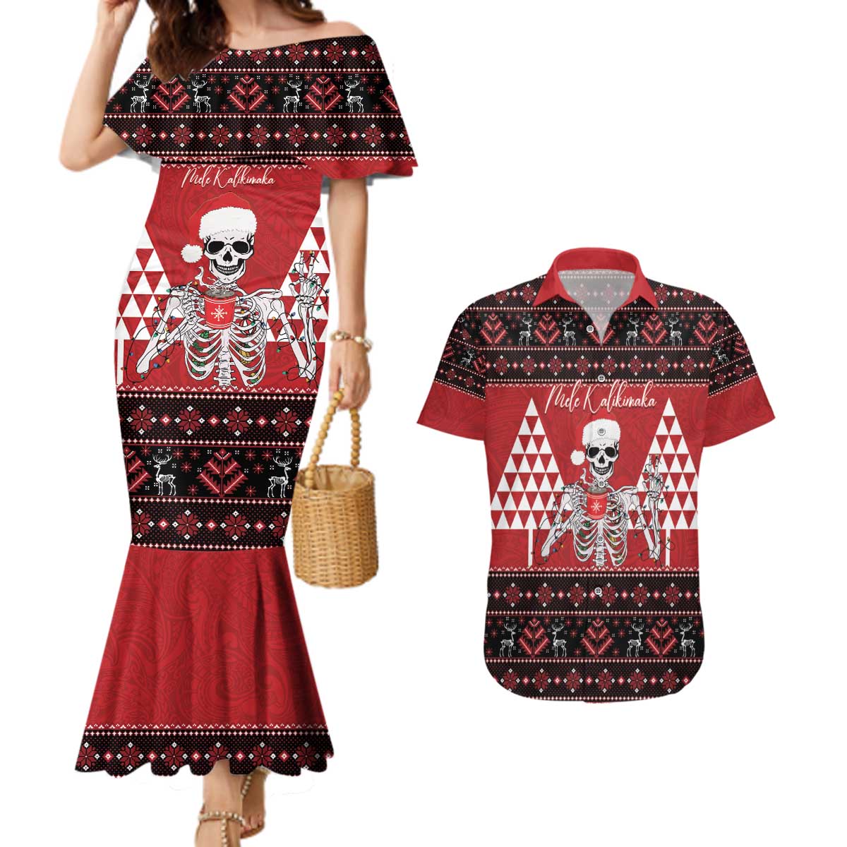Personalized Hawaii Skull Christmas Couples Matching Mermaid Dress and Hawaiian Shirt Mele Kalikimaka Hawaiian Kakau - Polynesian Pride