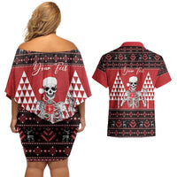 Personalized Hawaii Skull Christmas Couples Matching Off Shoulder Short Dress and Hawaiian Shirt Mele Kalikimaka Hawaiian Kakau - Polynesian Pride