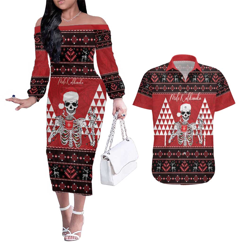 Personalized Hawaii Skull Christmas Couples Matching Off The Shoulder Long Sleeve Dress and Hawaiian Shirt Mele Kalikimaka Hawaiian Kakau - Polynesian Pride