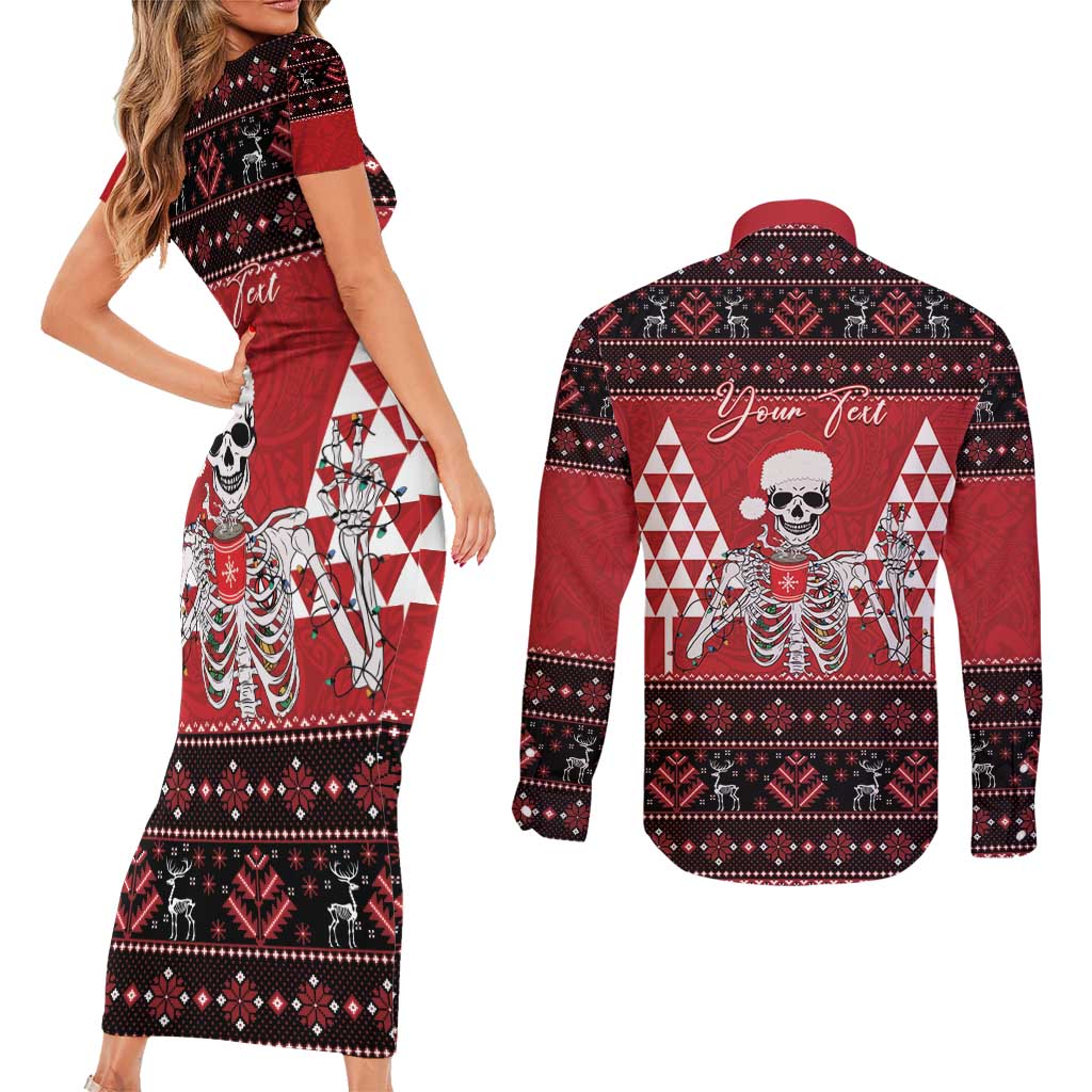 Personalized Hawaii Skull Christmas Couples Matching Short Sleeve Bodycon Dress and Long Sleeve Button Shirt Mele Kalikimaka Hawaiian Kakau - Polynesian Pride