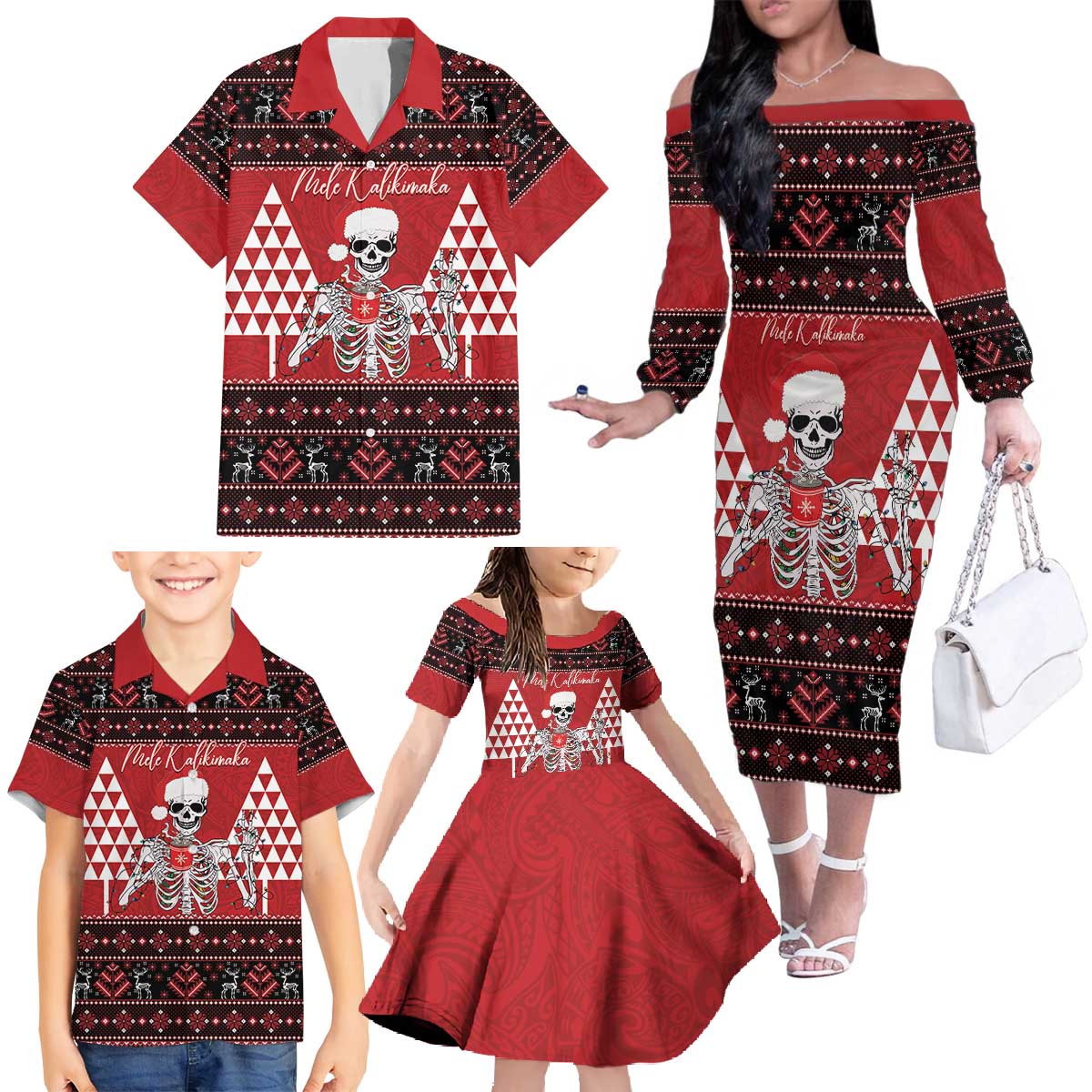 Personalized Hawaii Skull Christmas Family Matching Off The Shoulder Long Sleeve Dress and Hawaiian Shirt Mele Kalikimaka Hawaiian Kakau - Polynesian Pride