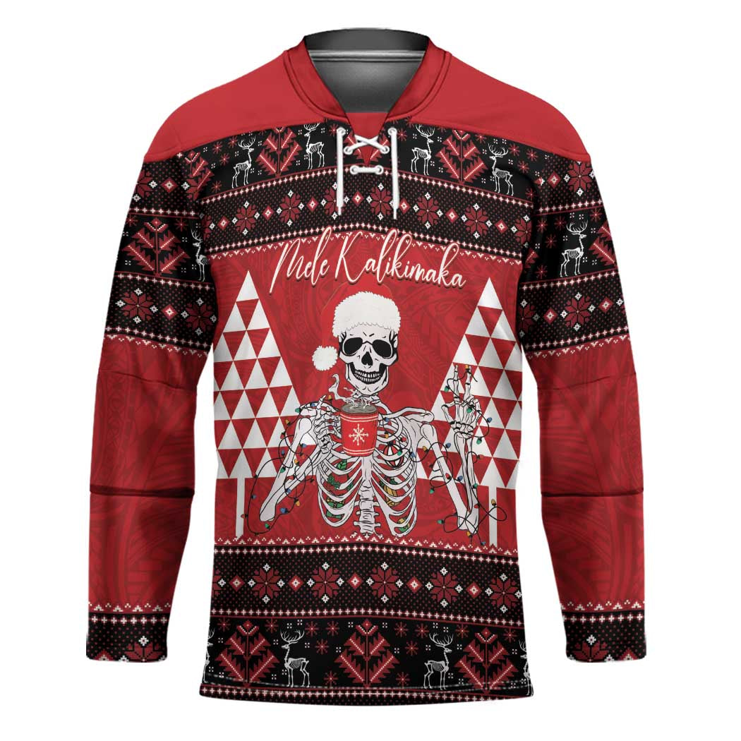 Personalized Hawaii Skull Christmas Hockey Jersey Mele Kalikimaka Hawaiian Kakau - Polynesian Pride