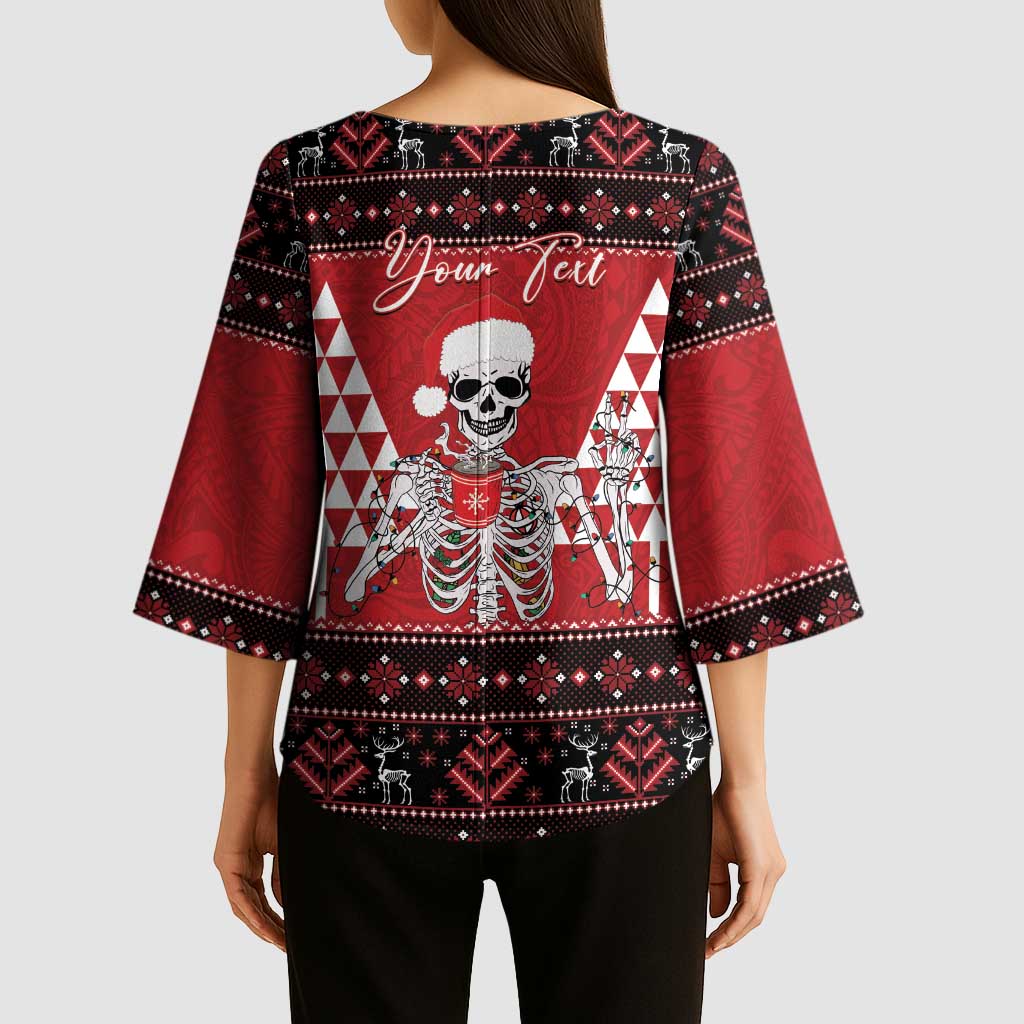 Personalized Hawaii Skull Christmas Kimono Sleeve Blouse Mele Kalikimaka Hawaiian Kakau - Polynesian Pride