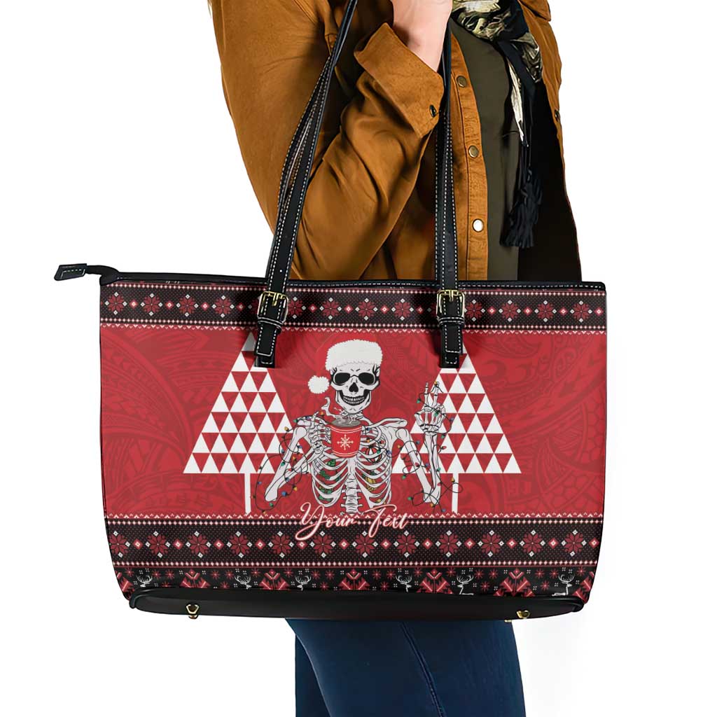 Personalized Hawaii Skull Christmas Leather Tote Bag Mele Kalikimaka Hawaiian Kakau - Polynesian Pride