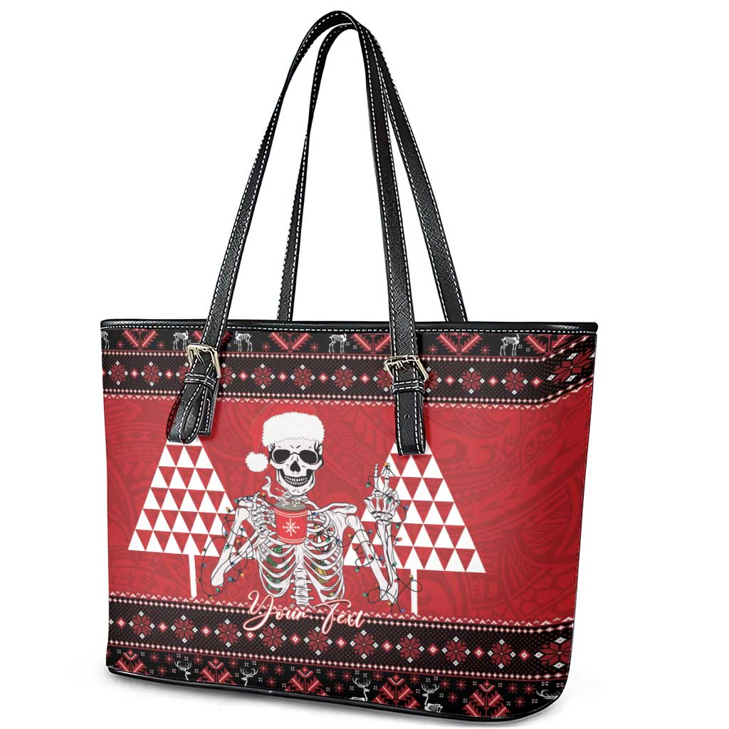 Personalized Hawaii Skull Christmas Leather Tote Bag Mele Kalikimaka Hawaiian Kakau - Polynesian Pride