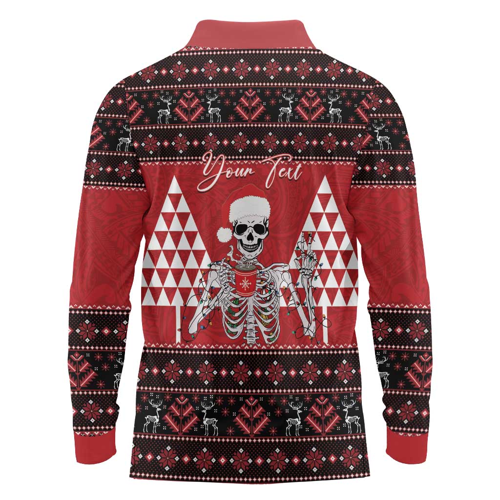 Personalized Hawaii Skull Christmas Long Sleeve Polo Shirt Mele Kalikimaka Hawaiian Kakau - Polynesian Pride