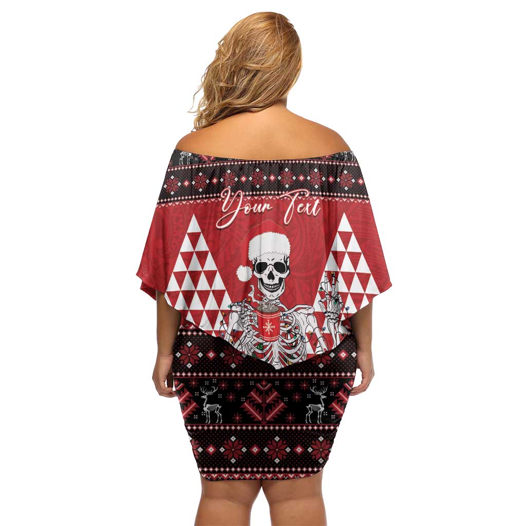 Personalized Hawaii Skull Christmas Off Shoulder Short Dress Mele Kalikimaka Hawaiian Kakau - Polynesian Pride