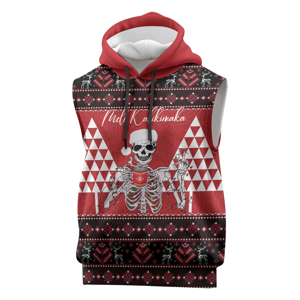 Personalized Hawaii Skull Christmas Sleeveless Hoodie Mele Kalikimaka Hawaiian Kakau - Polynesian Pride
