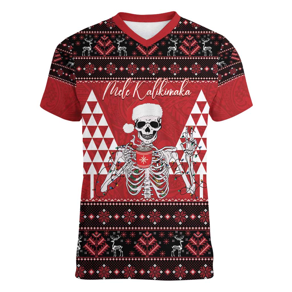 Personalized Hawaii Skull Christmas Women V-Neck T-Shirt Mele Kalikimaka Hawaiian Kakau - Polynesian Pride