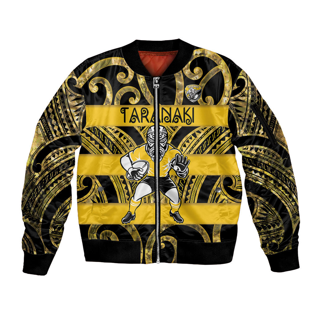 Taranaki Custom Rugby New Zealand Sleeve Zip Bomber Jacket Aotearoa Maori Pukana Tiki Mascot