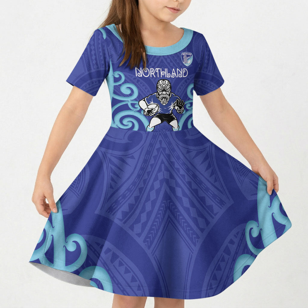 Northland Custom Rugby New Zealand Kid Short Sleeve Dress Aotearoa Maori Pukana Tiki Mascot