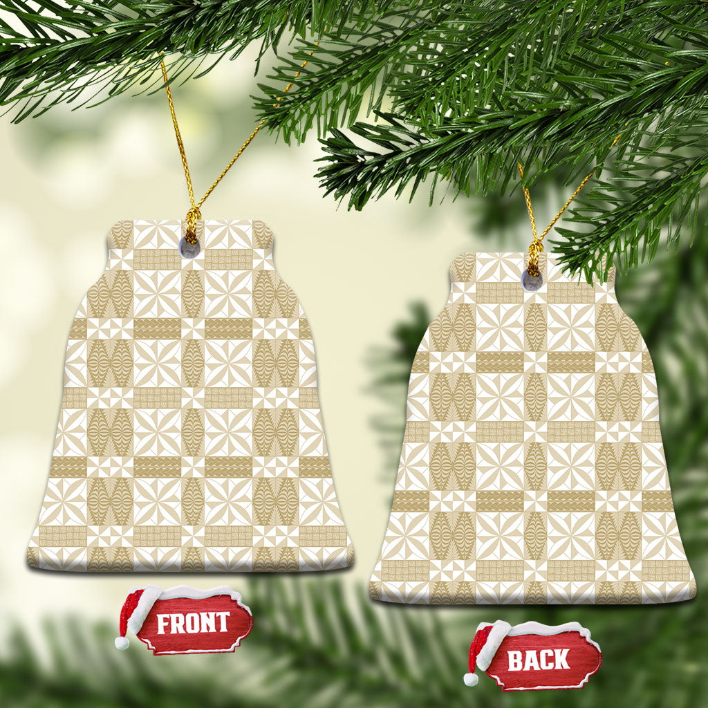 Beige Ngatu Pattern Malo e Lelei Tonga Ceramic Ornament LT14 Bell Flake Beige - Polynesian Pride