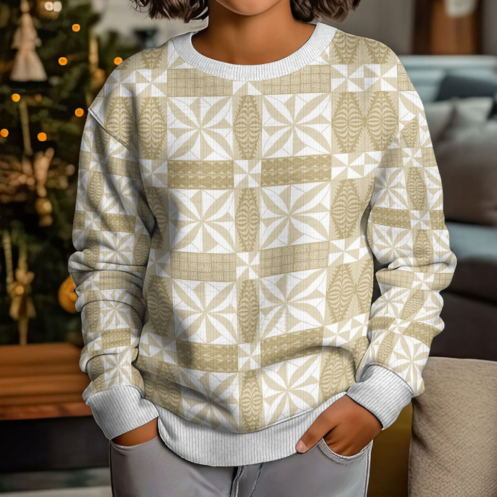 Beige Ngatu Pattern Malo e Lelei Tonga Kid Ugly Christmas Sweater LT14 - Polynesian Pride