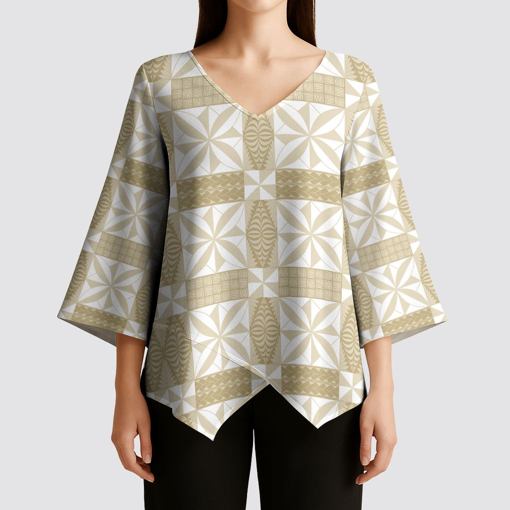 Beige Ngatu Pattern Malo e Lelei Tonga Kimono Sleeve Blouse LT14 - Polynesian Pride