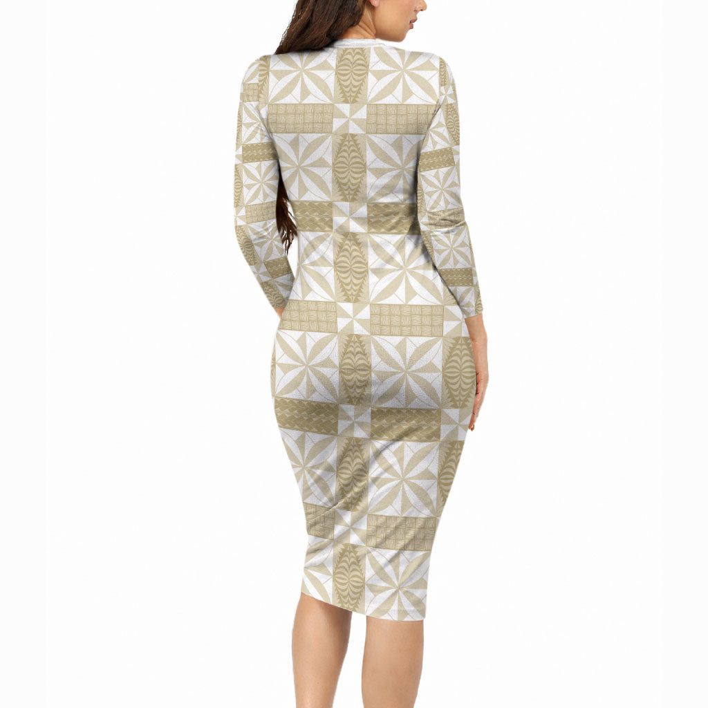 Beige Ngatu Pattern Malo e Lelei Tonga Long Sleeve Bodycon Dress LT14 - Polynesian Pride