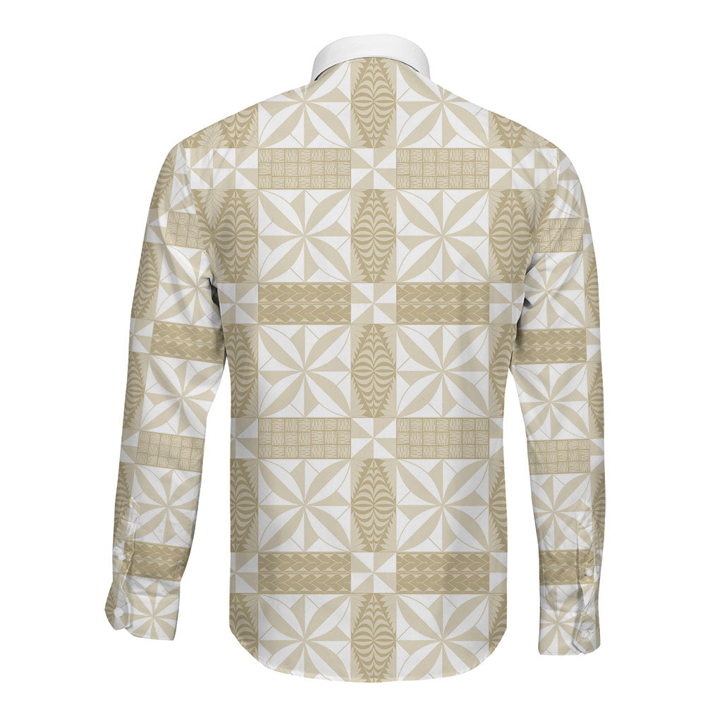 Beige Ngatu Pattern Malo e Lelei Tonga Long Sleeve Button Shirt LT14 - Polynesian Pride