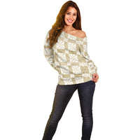 Beige Ngatu Pattern Malo e Lelei Tonga Off Shoulder Sweater LT14 - Polynesian Pride