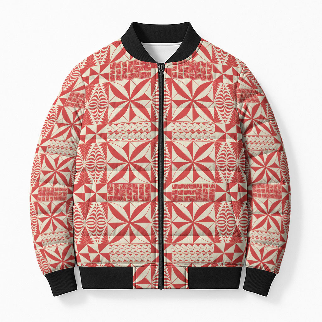 Red Ngatu Pattern Malo e Lelei Tonga Bomber Puffer Jacket LT14 Unisex Red - Polynesian Pride
