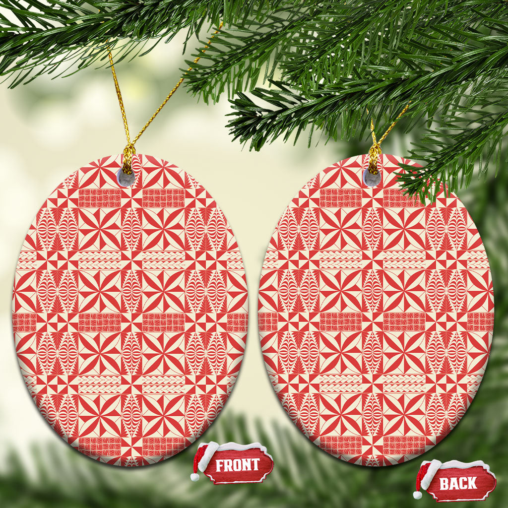 Red Ngatu Pattern Malo e Lelei Tonga Ceramic Ornament LT14 Oval Red - Polynesian Pride