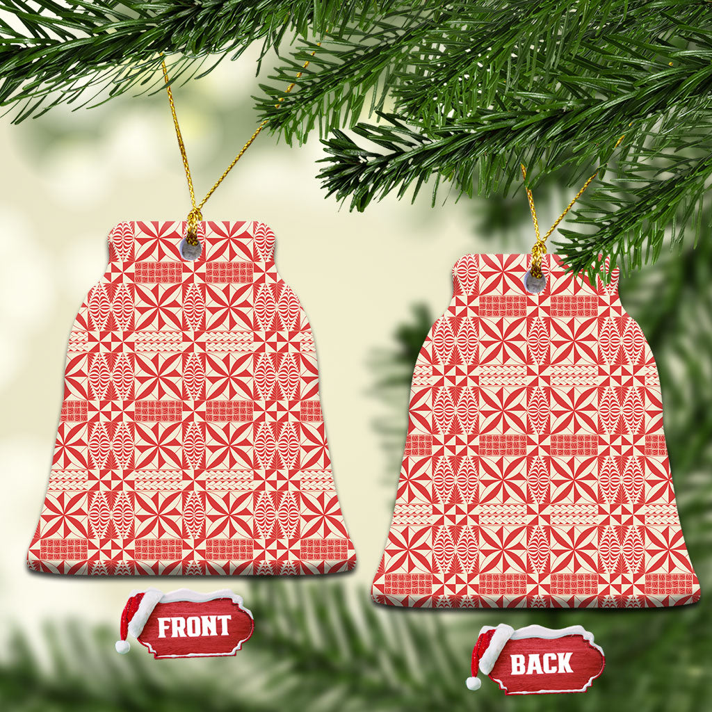 Red Ngatu Pattern Malo e Lelei Tonga Ceramic Ornament LT14 Bell Flake Red - Polynesian Pride
