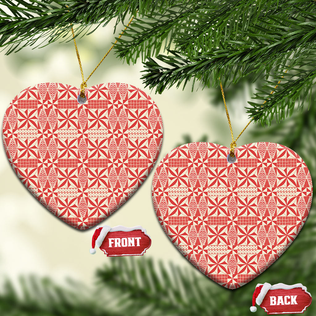 Red Ngatu Pattern Malo e Lelei Tonga Ceramic Ornament LT14 Heart Red - Polynesian Pride